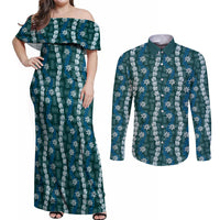 Pikake Maile Tiare Lei Couples Matching Off Shoulder Maxi Dress and Long Sleeve Button Shirt Polu Lauhala Pattern LT01 Blue - Polynesian Pride