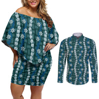 Pikake Maile Tiare Lei Couples Matching Off Shoulder Short Dress and Long Sleeve Button Shirt Polu Lauhala Pattern