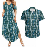 Pikake Maile Tiare Lei Couples Matching Summer Maxi Dress and Hawaiian Shirt Polu Lauhala Pattern LT01 Blue - Polynesian Pride