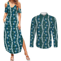 Pikake Maile Tiare Lei Couples Matching Summer Maxi Dress and Long Sleeve Button Shirt Polu Lauhala Pattern