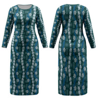 Pikake Maile Tiare Lei Family Matching Long Sleeve Bodycon Dress and Hawaiian Shirt Polu Lauhala Pattern LT01 Mom's Dress Blue - Polynesian Pride