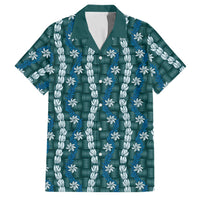 Pikake Maile Tiare Lei Family Matching Long Sleeve Bodycon Dress and Hawaiian Shirt Polu Lauhala Pattern LT01 Dad's Shirt - Short Sleeve Blue - Polynesian Pride
