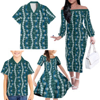 Pikake Maile Tiare Lei Family Matching Off The Shoulder Long Sleeve Dress and Hawaiian Shirt Polu Lauhala Pattern