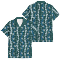 Pikake Maile Tiare Lei Family Matching Off The Shoulder Long Sleeve Dress and Hawaiian Shirt Polu Lauhala Pattern LT01 Dad's Shirt - Short Sleeve Blue - Polynesian Pride