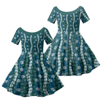 Pikake Maile Tiare Lei Family Matching Off The Shoulder Long Sleeve Dress and Hawaiian Shirt Polu Lauhala Pattern LT01 Daughter's Dress Blue - Polynesian Pride