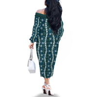 Pikake Maile Tiare Lei Family Matching Off The Shoulder Long Sleeve Dress and Hawaiian Shirt Polu Lauhala Pattern