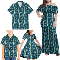 Pikake Maile Tiare Lei Family Matching Off Shoulder Maxi Dress and Hawaiian Shirt Polu Lauhala Pattern