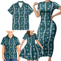 Pikake Maile Tiare Lei Family Matching Short Sleeve Bodycon Dress and Hawaiian Shirt Polu Lauhala Pattern LT01 - Polynesian Pride