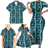 Pikake Maile Tiare Lei Family Matching Short Sleeve Bodycon Dress and Hawaiian Shirt Polu Lauhala Pattern