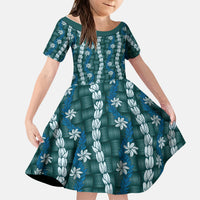 Pikake Maile Tiare Lei Kid Short Sleeve Dress Polu Lauhala Pattern LT01 KID Blue - Polynesian Pride