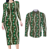 Pikake Maile Tiare Lei Couples Matching Long Sleeve Bodycon Dress and Long Sleeve Button Shirt Omaomao Lauhala Pattern