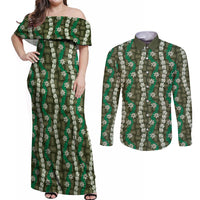 Pikake Maile Tiare Lei Couples Matching Off Shoulder Maxi Dress and Long Sleeve Button Shirt Omaomao Lauhala Pattern LT01 Green - Polynesian Pride