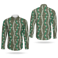 Pikake Maile Tiare Lei Couples Matching Off Shoulder Maxi Dress and Long Sleeve Button Shirt Omaomao Lauhala Pattern LT01 - Polynesian Pride