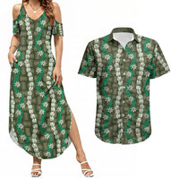 Pikake Maile Tiare Lei Couples Matching Summer Maxi Dress and Hawaiian Shirt Omaomao Lauhala Pattern LT01 Green - Polynesian Pride