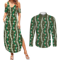 Pikake Maile Tiare Lei Couples Matching Summer Maxi Dress and Long Sleeve Button Shirt Omaomao Lauhala Pattern