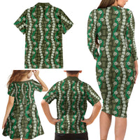 Pikake Maile Tiare Lei Family Matching Long Sleeve Bodycon Dress and Hawaiian Shirt Omaomao Lauhala Pattern LT01 Mom's Dress Green - Polynesian Pride