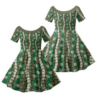 Pikake Maile Tiare Lei Family Matching Long Sleeve Bodycon Dress and Hawaiian Shirt Omaomao Lauhala Pattern LT01 Daughter's Dress Green - Polynesian Pride