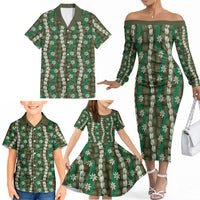 Pikake Maile Tiare Lei Family Matching Off The Shoulder Long Sleeve Dress and Hawaiian Shirt Omaomao Lauhala Pattern LT01 - Polynesian Pride