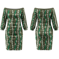 Pikake Maile Tiare Lei Family Matching Off The Shoulder Long Sleeve Dress and Hawaiian Shirt Omaomao Lauhala Pattern LT01 Mom's Dress Green - Polynesian Pride