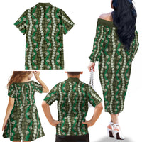 Pikake Maile Tiare Lei Family Matching Off The Shoulder Long Sleeve Dress and Hawaiian Shirt Omaomao Lauhala Pattern