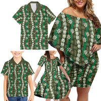 Pikake Maile Tiare Lei Family Matching Off Shoulder Short Dress and Hawaiian Shirt Omaomao Lauhala Pattern