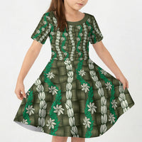 Pikake Maile Tiare Lei Kid Short Sleeve Dress Omaomao Lauhala Pattern LT01 KID Green - Polynesian Pride