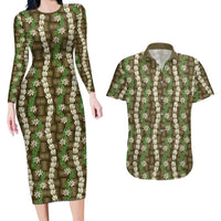 Pikake Maile Tiare Lei Couples Matching Long Sleeve Bodycon Dress and Hawaiian Shirt Natural Lauhala Pattern