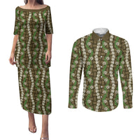 Pikake Maile Tiare Lei Couples Matching Puletasi and Long Sleeve Button Shirt Natural Lauhala Pattern