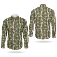Pikake Maile Tiare Lei Couples Matching Puletasi and Long Sleeve Button Shirt Natural Lauhala Pattern LT01 - Polynesian Pride
