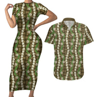 Pikake Maile Tiare Lei Couples Matching Short Sleeve Bodycon Dress and Hawaiian Shirt Natural Lauhala Pattern