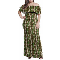 Pikake Maile Tiare Lei Family Matching Off Shoulder Maxi Dress and Hawaiian Shirt Natural Lauhala Pattern