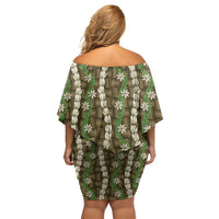 Pikake Maile Tiare Lei Family Matching Off Shoulder Short Dress and Hawaiian Shirt Natural Lauhala Pattern