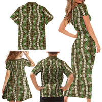 Pikake Maile Tiare Lei Family Matching Short Sleeve Bodycon Dress and Hawaiian Shirt Natural Lauhala Pattern LT01 Mom's Dress Brown - Polynesian Pride