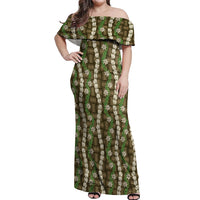 Pikake Maile Tiare Lei Off Shoulder Maxi Dress Natural Lauhala Pattern