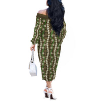 Pikake Maile Tiare Lei Off The Shoulder Long Sleeve Dress Natural Lauhala Pattern LT01 - Polynesian Pride