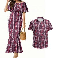 Pikake Maile Tiare Lei Couples Matching Mermaid Dress and Hawaiian Shirt Akala Lauhala Pattern LT01 Pink - Polynesian Pride