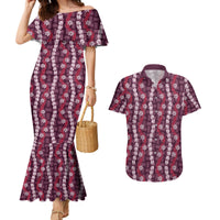 Pikake Maile Tiare Lei Couples Matching Mermaid Dress and Hawaiian Shirt Akala Lauhala Pattern