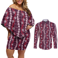 Pikake Maile Tiare Lei Couples Matching Off Shoulder Short Dress and Long Sleeve Button Shirt Akala Lauhala Pattern