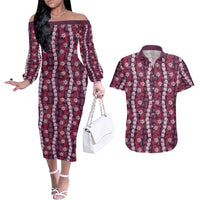 Pikake Maile Tiare Lei Couples Matching Off The Shoulder Long Sleeve Dress and Hawaiian Shirt Akala Lauhala Pattern