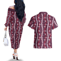 Pikake Maile Tiare Lei Couples Matching Off The Shoulder Long Sleeve Dress and Hawaiian Shirt Akala Lauhala Pattern