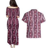 Pikake Maile Tiare Lei Couples Matching Puletasi and Hawaiian Shirt Akala Lauhala Pattern