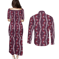 Pikake Maile Tiare Lei Couples Matching Puletasi and Long Sleeve Button Shirt Akala Lauhala Pattern LT01 - Polynesian Pride