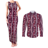Pikake Maile Tiare Lei Couples Matching Tank Maxi Dress and Long Sleeve Button Shirt Akala Lauhala Pattern