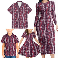 Pikake Maile Tiare Lei Family Matching Long Sleeve Bodycon Dress and Hawaiian Shirt Akala Lauhala Pattern LT01 - Polynesian Pride