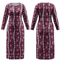 Pikake Maile Tiare Lei Family Matching Long Sleeve Bodycon Dress and Hawaiian Shirt Akala Lauhala Pattern LT01 Mom's Dress Pink - Polynesian Pride