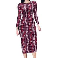 Pikake Maile Tiare Lei Family Matching Long Sleeve Bodycon Dress and Hawaiian Shirt Akala Lauhala Pattern
