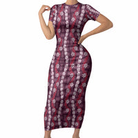 Pikake Maile Tiare Lei Short Sleeve Bodycon Dress Akala Lauhala Pattern LT01 Long Dress Pink - Polynesian Pride
