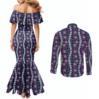 Pikake Maile Tiare Lei Couples Matching Mermaid Dress and Long Sleeve Button Shirt Poni Lauhala Pattern