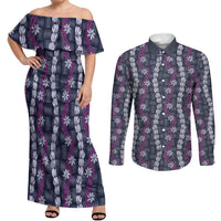 Pikake Maile Tiare Lei Couples Matching Off Shoulder Maxi Dress and Long Sleeve Button Shirt Poni Lauhala Pattern LT01 Purple - Polynesian Pride