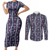Pikake Maile Tiare Lei Couples Matching Short Sleeve Bodycon Dress and Long Sleeve Button Shirt Poni Lauhala Pattern LT01 Purple - Polynesian Pride
